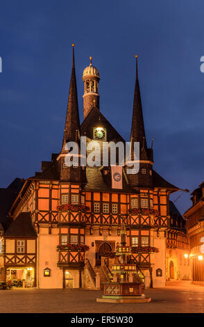 Town hall at night in Wernigerode, Harz, Saxony-Anhalt, Germany, Europe Stock Photo