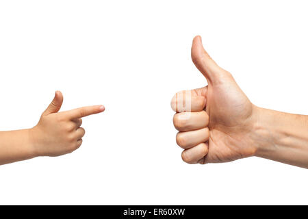 father and son hands giving like and pointing, or gun gesture on white background. Isolated Stock Photo