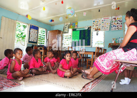 Primary school class in uniform during lesson, Korolevu, Coral Coast, Viti Levu, Fiji Stock Photo