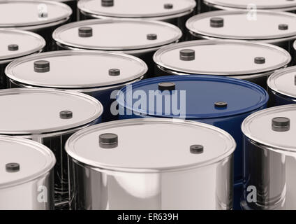 Metal barrels, polished and a single blue one Stock Photo