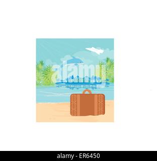 Tropical island paradise with leaping dolphin Stock Vector