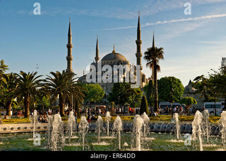 The Blue Mosque, Sultanahmet, Istanbul, Turkey and Alman Fountain and Park. Stock Photo