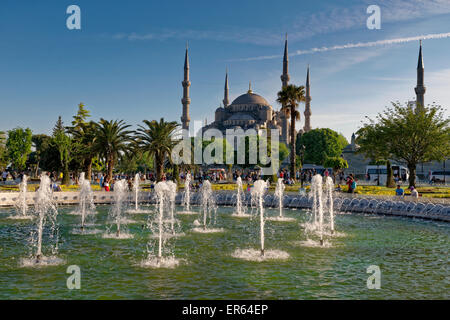 The Blue Mosque, Sultanahmet, Istanbul, Turkey and Alman Fountain and Park. Stock Photo