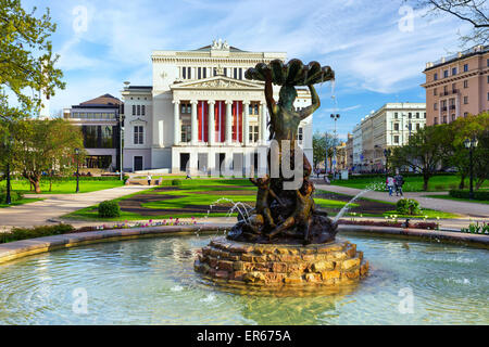 The fountain at the Opera and Ballet Theater in Riga in early spring on a sunny day. Latvia Stock Photo