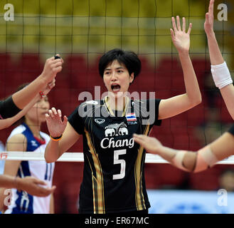 Tianjin, China. 28th May, 2015. Pleumjit of Thailand celebrates during the bronze medal match against Chinese Taipei at the 18th Asian Senior Women's Volleyball Championships in Tianjin, north China, May 28, 2015. Thailand won 3-0. © Yue Yuewei/Xinhua/Alamy Live News Stock Photo