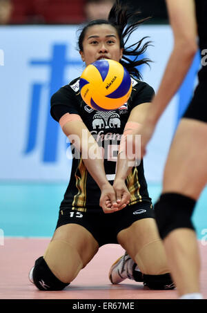 Tianjin, China. 28th May, 2015. Malika of Thailand gets the ball during the bronze medal match against Chinese Taipei at the 18th Asian Senior Women's Volleyball Championships in Tianjin, north China, May 28, 2015. Thailand won 3-0. © Yue Yuewei/Xinhua/Alamy Live News Stock Photo