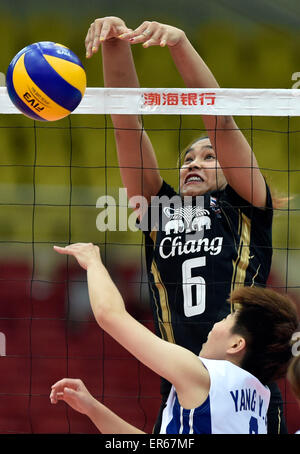 Tianjin, China. 28th May, 2015. Onuma of Thailand blocks the ball during the bronze medal match against Chinese Taipei at the 18th Asian Senior Women's Volleyball Championships in Tianjin, north China, May 28, 2015. Thailand won 3-0. © Yue Yuewei/Xinhua/Alamy Live News Stock Photo