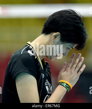 Tianjin, China. 28th May, 2015. Pleumjit of Thailand celebrates during the bronze medal match against Chinese Taipei at the 18th Asian Senior Women's Volleyball Championships in Tianjin, north China, May 28, 2015. Thailand won 3-0. © Yue Yuewei/Xinhua/Alamy Live News Stock Photo