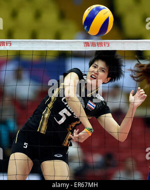 Tianjin, China. 28th May, 2015. Pleumjit of Thailand spikes the ball during the bronze medal match against Chinese Taipei at the 18th Asian Senior Women's Volleyball Championships in Tianjin, north China, May 28, 2015. Thailand won 3-0. © Yue Yuewei/Xinhua/Alamy Live News Stock Photo