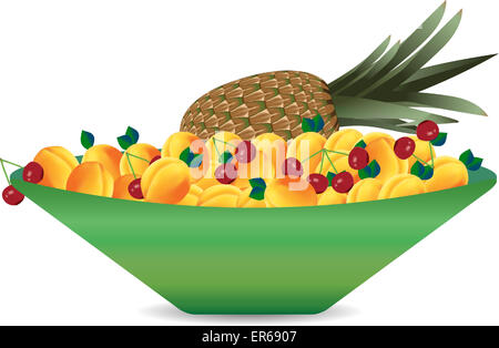 Set of fruits on a platter. Apricot and pineapple and cherry. Vector illustration Stock Photo