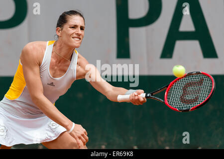 Paris, France. 28th May, 2015. Andrea PETKOVIC of Germany hits a return with her wrong hand in a 2nd round match against Lourdes Dominguez Lino of Spain on day five of the 2015 French Open tennis tournament at Roland Garros in Paris, France. Sydney Low/Cal Sport Media. Credit:  csm/Alamy Live News Stock Photo