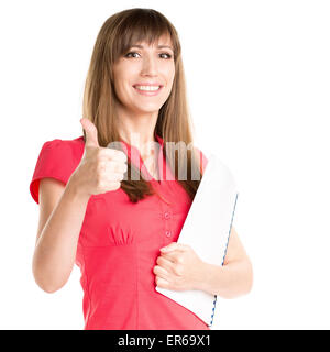 Young pretty business woman holding folder and showing thumbs up. Happy smiling caucasian girl isolated on white background Stock Photo