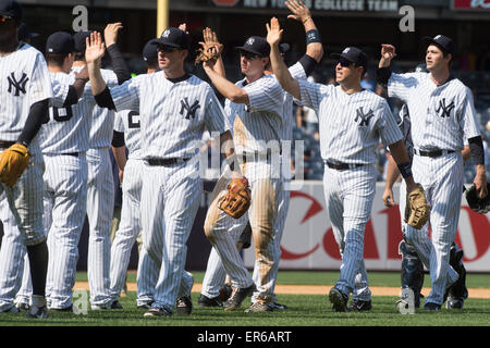 Bronx, New York, USA. 27th May, 2015. Yankee players celebrate the win at the end of the game, Kansas City Royals vs. NY Yankees, Yankee Stadium, Wednesday, May 27, 2015. Credit:  Bryan Smith/ZUMA Wire/Alamy Live News Stock Photo