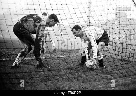 Fulham 10-1 Ipswich Town, league match at Craven Cottage, Boxing Day, Thursday 26th December 1963. 'Allow me', Graham Leggat (right) picks up the ball for tired Ipswich keeper Roy Bailey after the third of the four goals he scored in Fulham's ten. Stock Photo