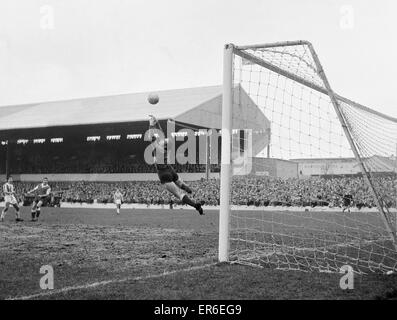 Rotherham United goalkeeper Ron Ironside makes a flying save during the match against Brighton and Hove Albion. 3rd February 1960. Stock Photo