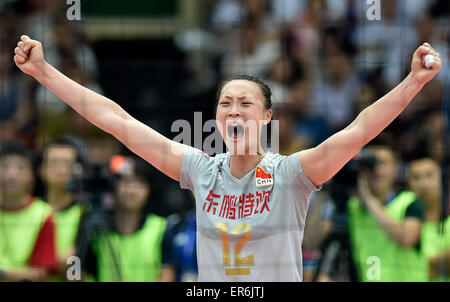 Tianjin, China. 28th May, 2015. Hui Ruoqi of China celebrates during the final match against South Korea at the 18th Asian Senior Women's Volleyball Championships in Tianjin, north China, May 28, 2015. China won 3-0 to claim the title. © Yue Yuewei/Xinhua/Alamy Live News Stock Photo