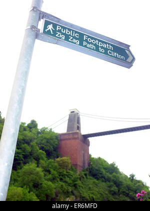 A pedestrian signpost at the base of the Clifton Suspension Bridge in Bristol. Stock Photo