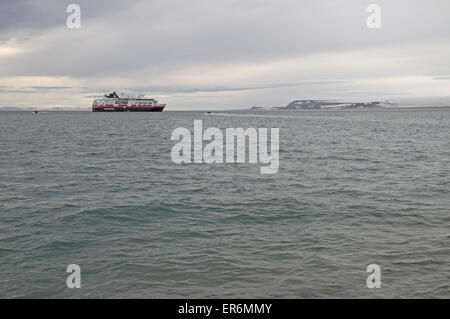 Arctic cruise ship MV Fram moored off island of Torellneset in Hinlopenstretet, south Nordaustlandet, Svalbard. Stock Photo