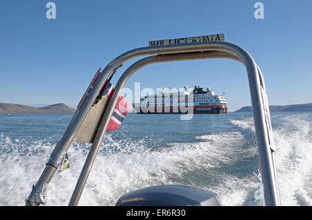 MV Fram seen from one of it's Zodiac boats, Sundneset, south west Barentsoya, Svalbard. Stock Photo