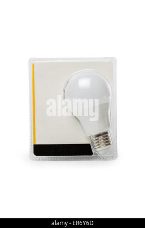 New E27 6.3W LED Light Bulb in transparent plastiv packing isolated on white background Stock Photo