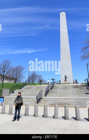 Boston Freedom Trail landmark selfie with man and selfie stick. Bunker Hill monument in Boston Massachusetts good for selfies. Stock Photo
