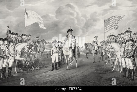 Surrender of Lord Cornwallis at Yorktown Va. Oct. 19th. 1781. Print shows British officers walking next to General Lincoln between lines of American and French soldiers. Date c1852. Published by N Currier. Stock Photo