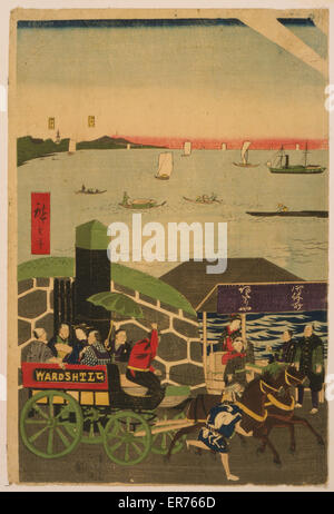 Famous places in Tokyo: real view of Takanawa. Japanese triptych print showing a busy street with people walking; riding in carriages, on horseback, and in a litter; many small and large boats sail in a sea; the sun rises in the background. Date 1870. Stock Photo