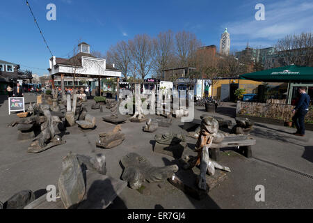 Wooden sculptures by Friedel Buecking at Gabriel's Wharf, Southbank, London, England, UK. Stock Photo