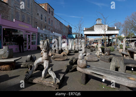 Wooden sculptures by Friedel Buecking at Gabriel's Wharf, Southbank, London, England, UK. Stock Photo