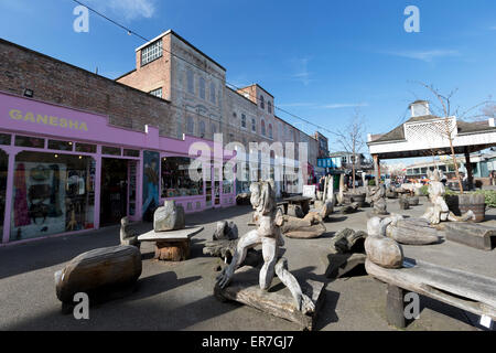 Wooden sculptures by Friedel Buecking at Gabriel's Wharf, Southbank, London, England, UK. Stock Photo