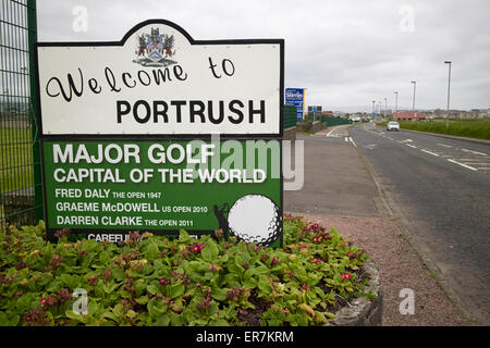 welcome to portrush major golf capital of the world sign Stock Photo