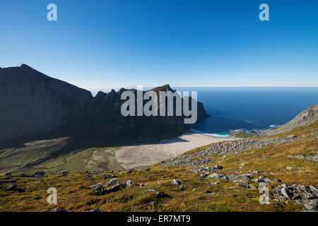 View over isolated Horseid beach, Moskenesøy, Lofoten Islands, Norway Stock Photo