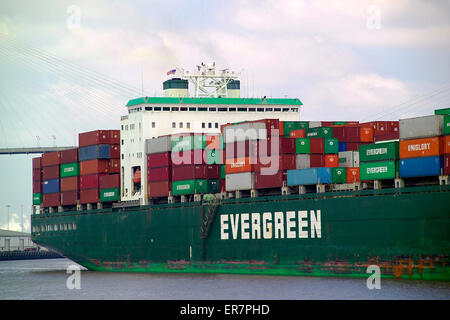 A close-up view of the stern of a huge container ship leaving the big and busy Port of Savannah in Georgia, USA. Stock Photo