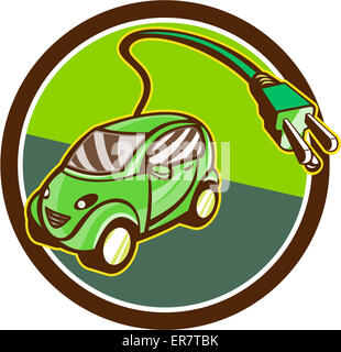 Illustration of a plug-in hybrid electric vehicle with electric plug coming out set inside circle done in retro style. Stock Photo