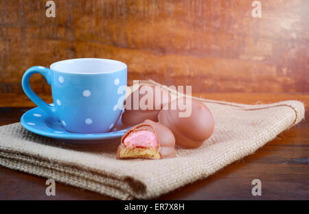Happy Fathers Gift of Coffee and Marshmallow Cookies in natural rustic background, with applied filters and added lens flare lig Stock Photo