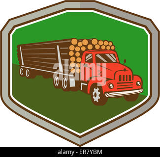 Illustration of a vintage logging truck carrying truckload logs of wood viewed from side front set inside shield crest on isolated background done in retro style. Stock Photo