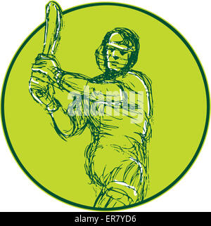 Drawing illustration of a cricket player batsman with bat batting viewed from front set inside circle on isolated background. Stock Photo