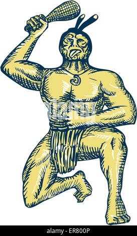 Etching engraving handmade style illustration of a Maori chief warrior wielding a patu with tattoos kneeling on one leg performing war dance and in fighting stance facing front set on isolated white background. Stock Photo