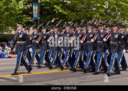 US Army honor guard drill team marching in Memorial Day parade - Washington, DC USA Stock Photo