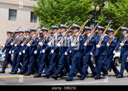 US Coast Guard ceremonial guard drill team marching in Memorial Day parade - Washington, DC USA Stock Photo