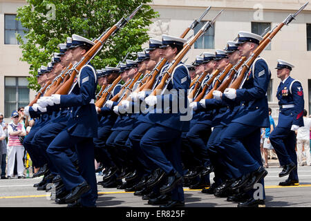 US Coast Guard ceremonial guard drill team marching in Memorial Day parade - Washington, DC USA Stock Photo