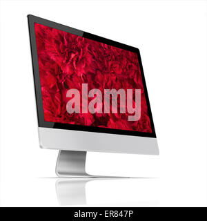 Modern flat screen computer monitor with bouquet of red carnation flowers on screen and reflection isolated on white background. Stock Photo
