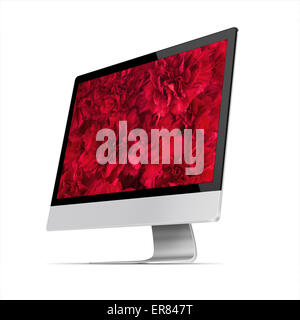 Modern flat screen computer monitor with bouquet of red carnation flowers on screen  isolated on white background. Highly detail Stock Photo