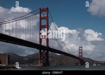 Low angle view of Golden Gate Bridge over river against cloudy sky Stock Photo