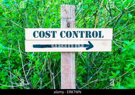 COST CONTROL written on Directional wooden sign with arrow pointing to the right against green leaves background. Concept image with available copy space Stock Photo