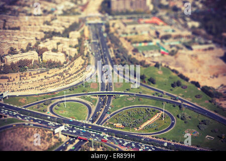 Tilt-shift image of highway in city, Tehran, Iran Stock Photo