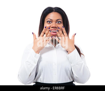 Happy african businesswoman showing her manicure isolated on a white background. Looking at camera Stock Photo