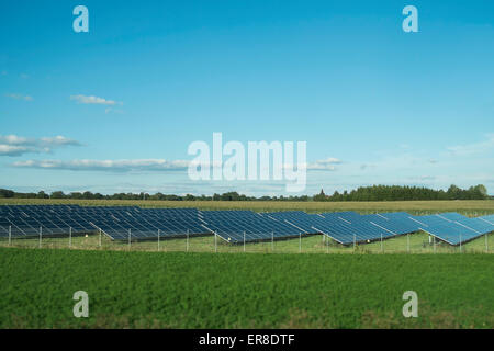 Rows of solar panels in field Stock Photo