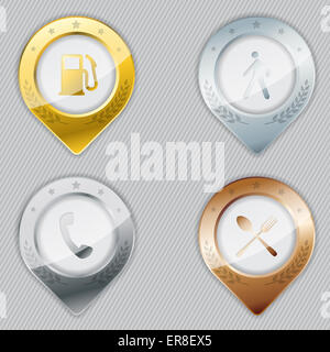 Metallic gps pointer set with various icons Stock Photo