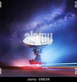 A radio telescope pointing upwards into the night sky. Astronomy background. Illustration.